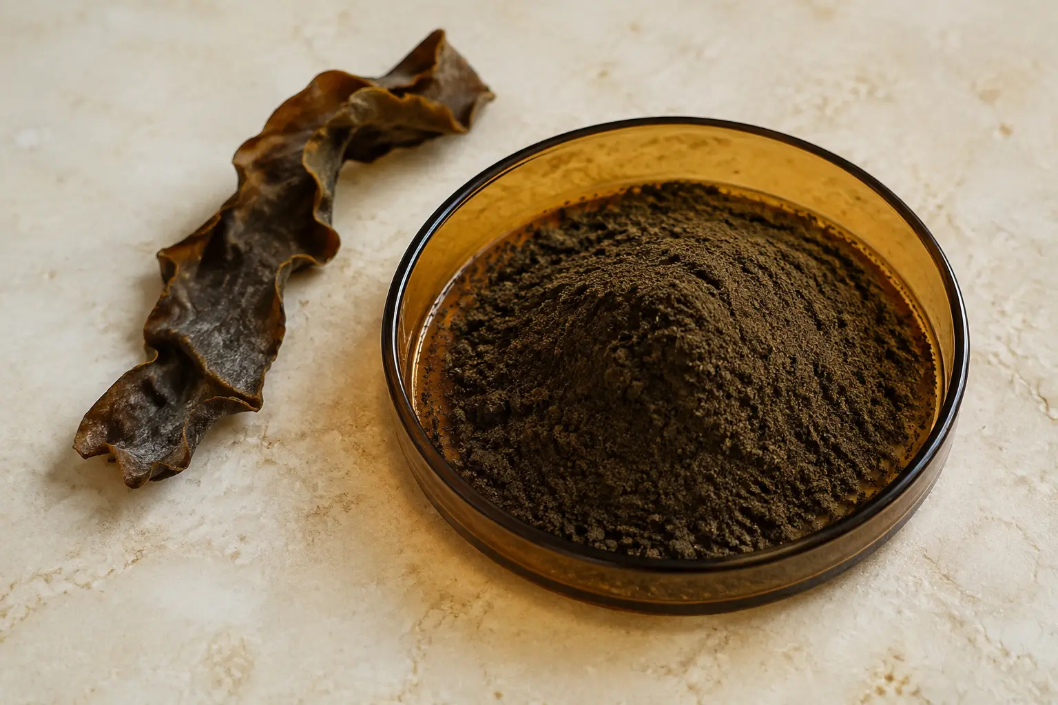 Dark brown Ecklonia cava powder with a dried strip of seaweed